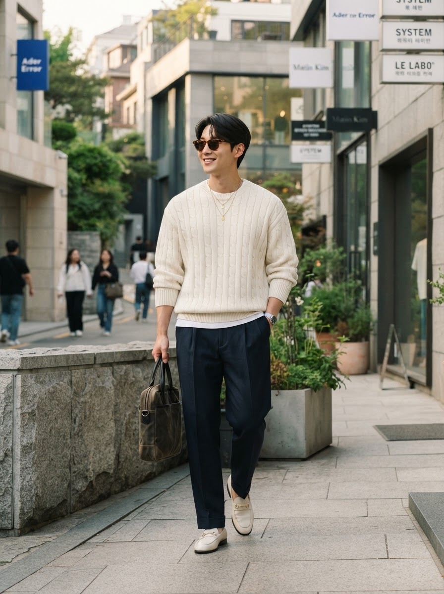 SKIPIKS AI 패션 화보 — minimalist, smart_casual — 크림색 니트 스웨터와 네이비 슬랙스가 조화롭게 어우러진 세련된 룩이에요. 니트의 케이블 디테일이 포근한 느낌을 더하며, 화이트 로퍼가 깔끔함을 