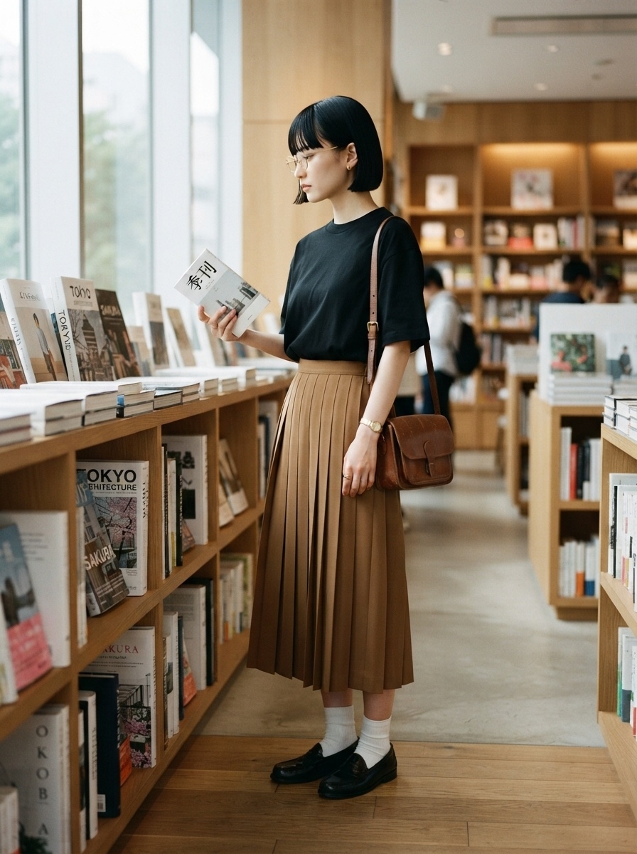 SKIPIKS AIファッション写真 — minimalist, feminine, vintage — 黒の半袖Tシャツとブラウンのプリーツスカートの組み合わせが洗練された雰囲気を演出します。ゴールドのアクセサリーとヴィンテージのブラウンショルダーバッグでクラシッ