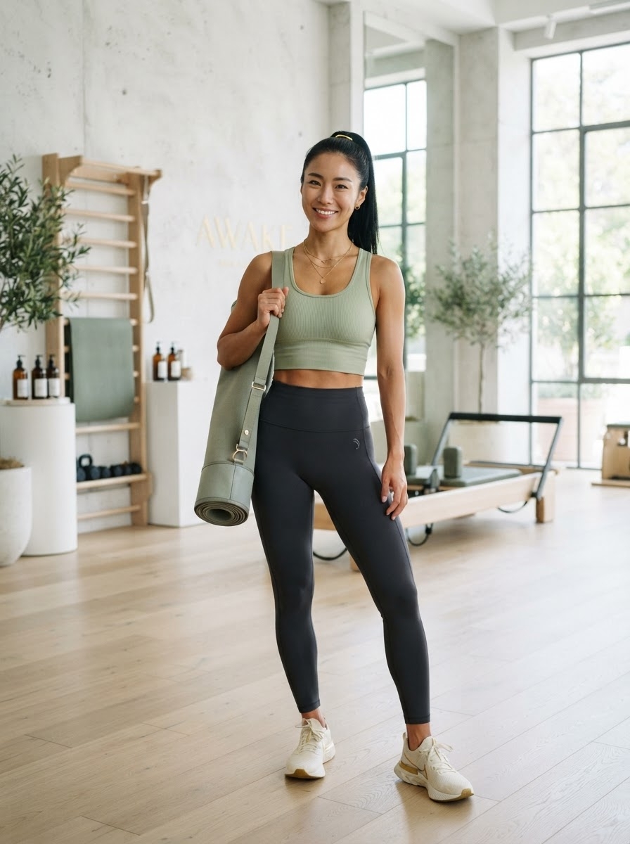 SKIPIKS AI 패션 화보 — athleisure, sporty — 올리브 톤의 크롭탑과 레깅스로 깔끔하고 모던한 스포츠룩을 연출해보세요. 운동화와 요가 매트 가방을 매치하면 활동적인 일상에 최적화된 스타일이 완