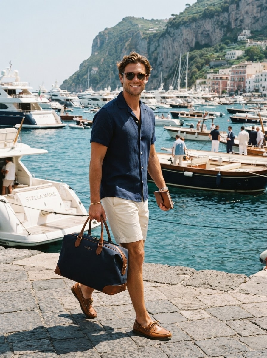 SKIPIKS AIファッション写真 — casual, vacation, nautical — ネイビーの半袖シャツとアイボリーのショートパンツは、海岸で爽やかな雰囲気を醸し出し、洗練されたマリンルックを完成させます。ブラウンのボートシューズとネイビーのダ