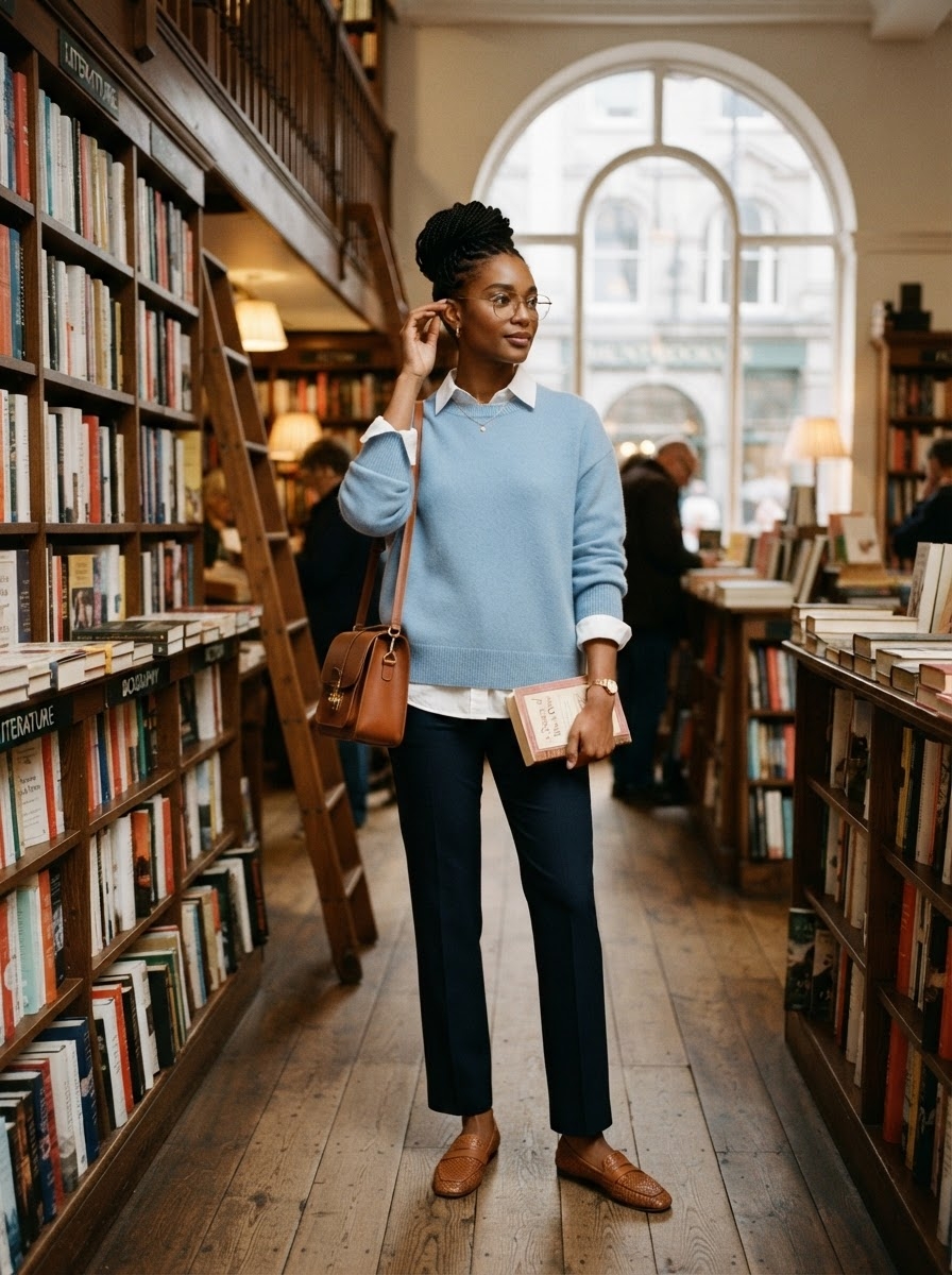 SKIPIKS AI 패션 화보 — preppy, minimalist — 부드러운 하늘색 스웨터와 화이트 셔츠의 조화가 따뜻하고 청초한 분위기를 연출하세요. 네이비 슬랙스와 브라운 로퍼로 단정하면서도 멋스러운 스타일을