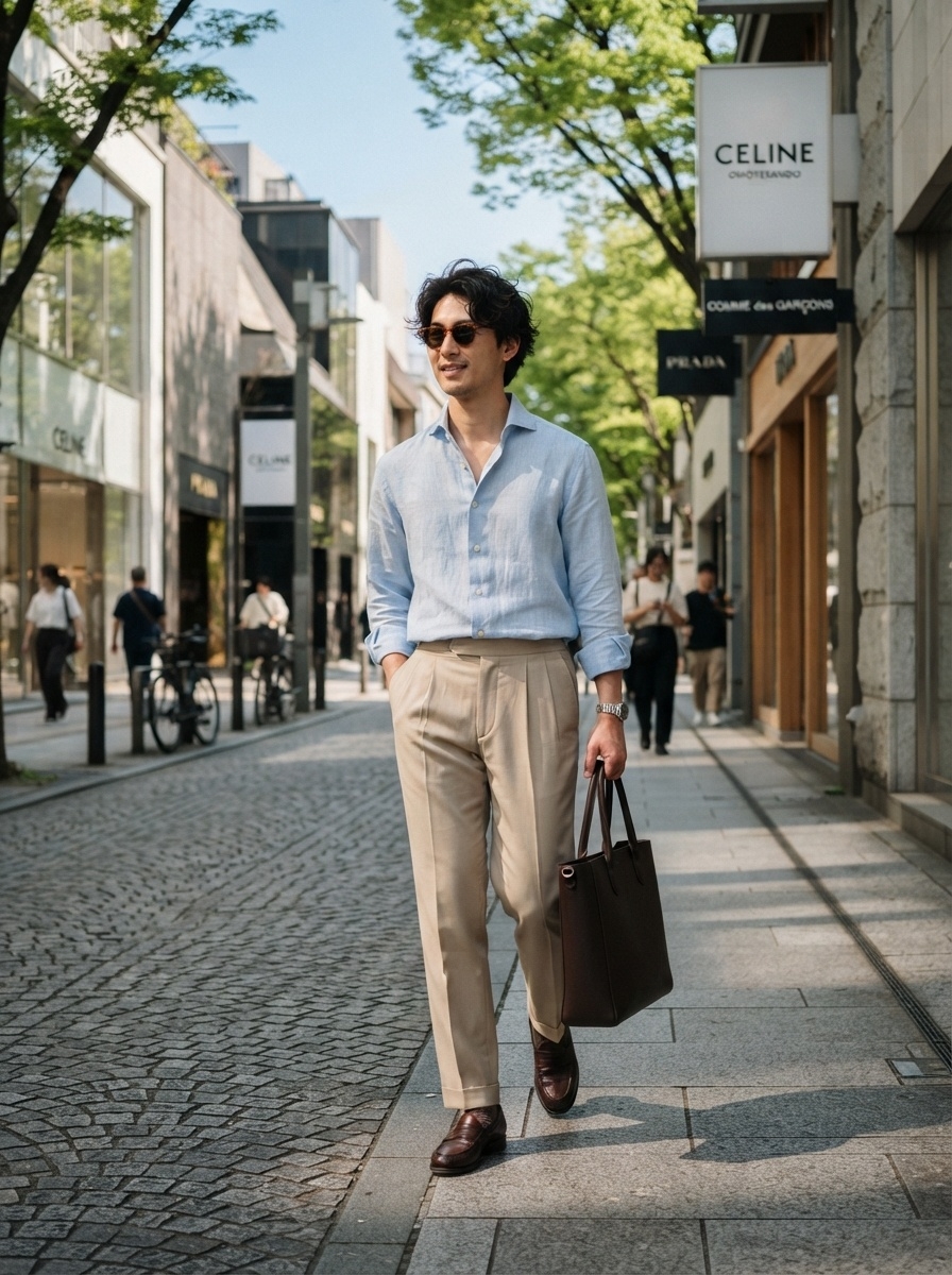 SKIPIKS AI时尚大片 — casual, preppy — 搭配天蓝色衬衫和米色裤子，营造明亮而优雅的春季氛围。适度宽松的衬衫既舒适又显得奢华。搭配棕色乐福鞋和包包，便能打造出适合正式场合的完美风格。