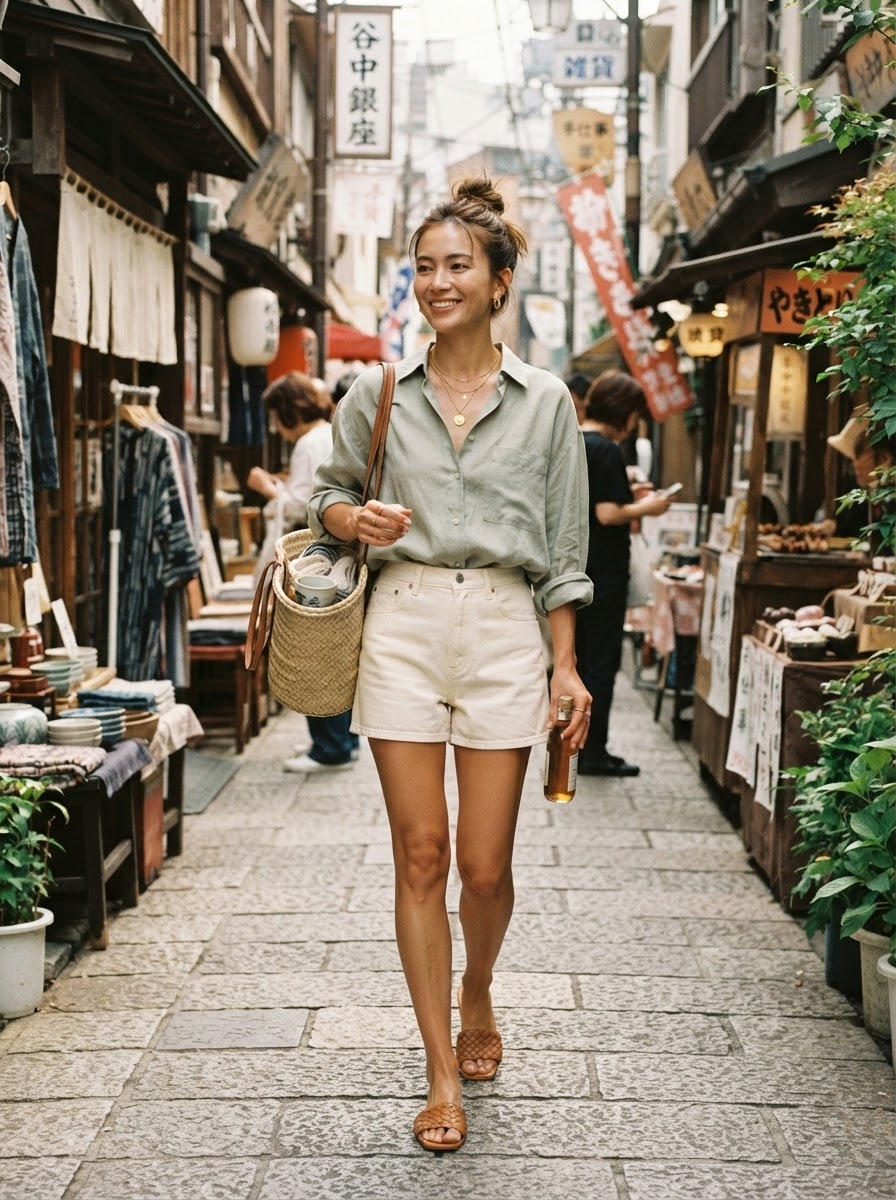 SKIPIKS AI时尚大片 — minimalist, casual — 这款自然的夏季造型由卡其色衬衫和奶油色短裤组成。搭配藤编包和金色配饰，增添优雅感。非常适合夏日的日常造型。