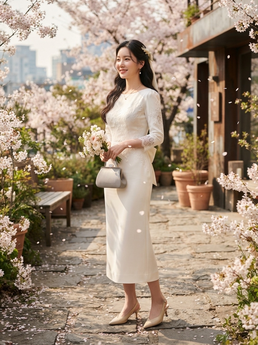 SKIPIKS AI fashion editorial — romantic, feminine — A bright ivory dress completes the romantic vibe of spring. Pair it with pastel 