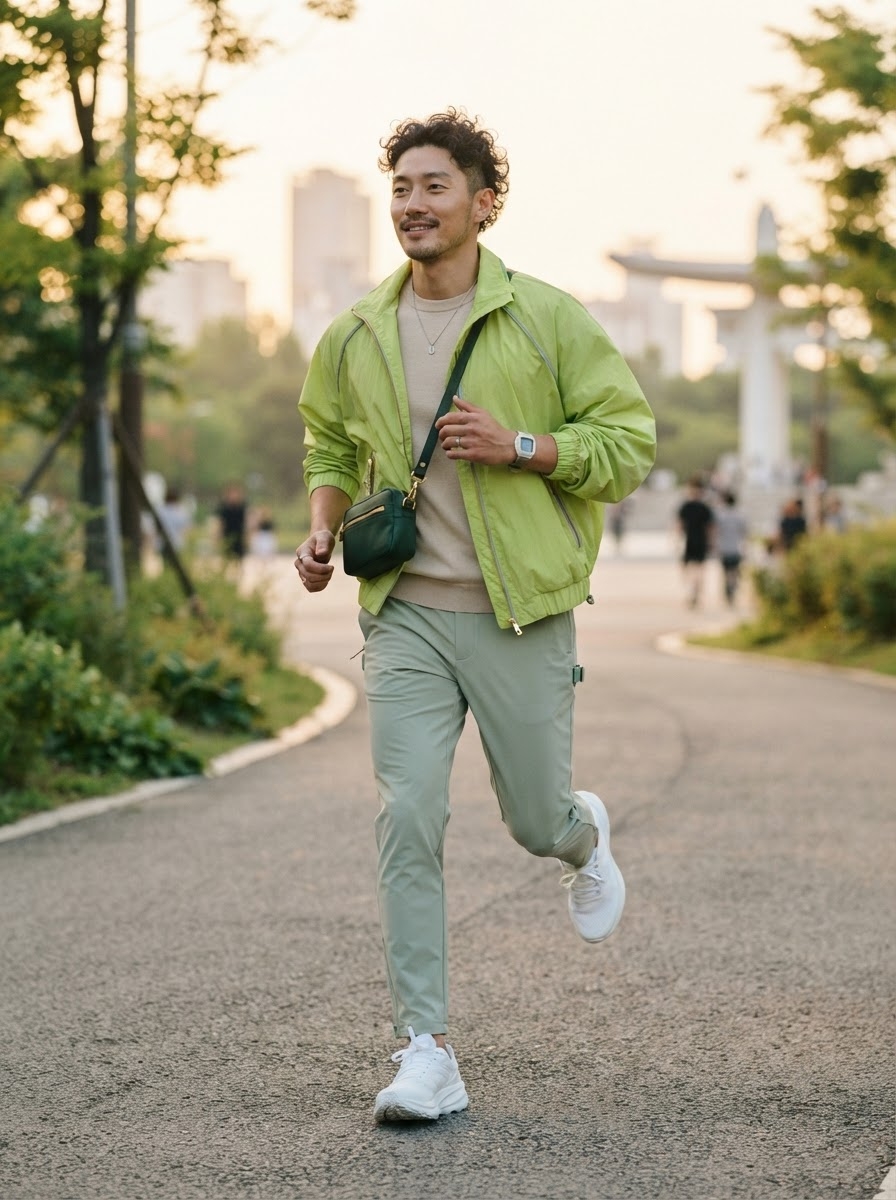 SKIPIKS AIファッション写真 — athleisure, casual — ライムグリーンのウィンドブレーカーとライトグリーンのパンツが目を引く爽やかな春のランナーコーデです。ベージュのTシャツとホワイトスニーカーがポイントになり、自然
