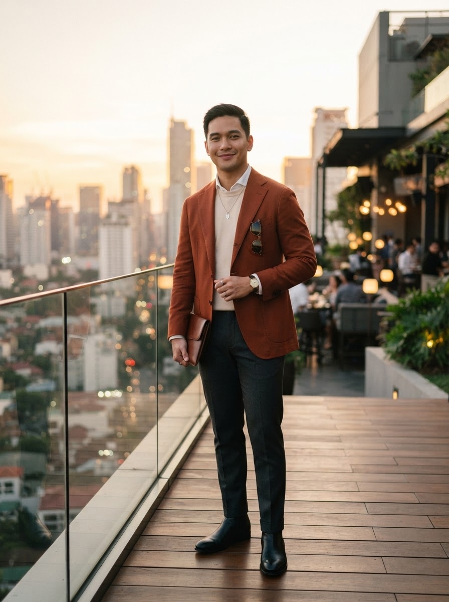 SKIPIKS AI 패션 화보 — sophisticated, urban, business_casual — 세련된 오렌지 블레이저가 주는 도시적인 무드가 인상적인 룩입니다. 네이비 슬랙스와 아이보리 셔츠의 조합이 깔끔하고 정갈해 보이며, 블랙 첼시 부