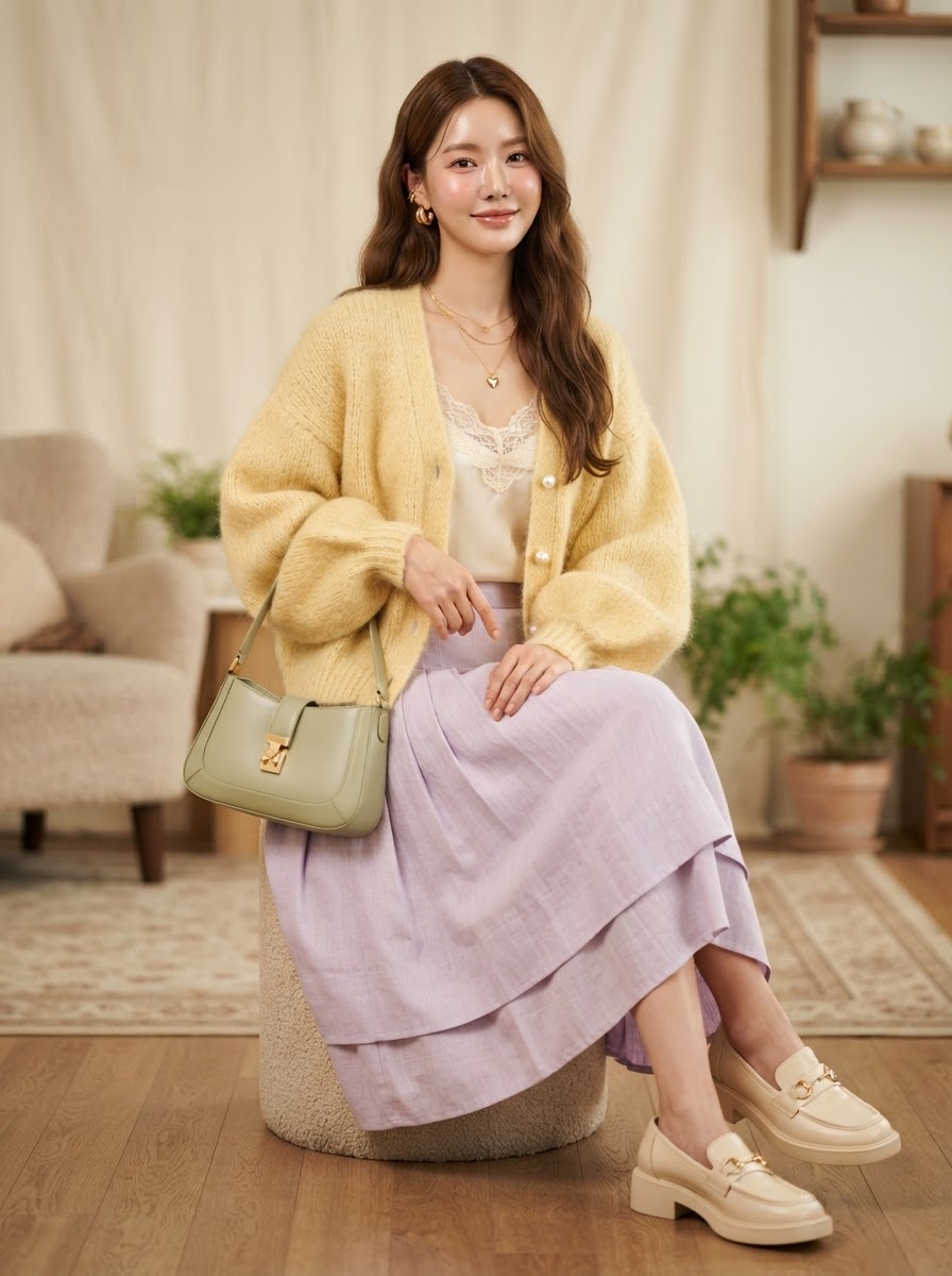 SKIPIKS AIファッション写真 — feminine, casual, chic — 柔らかな黄色とラベンダーの調和が感覚的なルックを完成させます。リラックスフィットのニットカーディガンが温かい秋のムードを加え、ルーズなロングスカートとの組み合わ