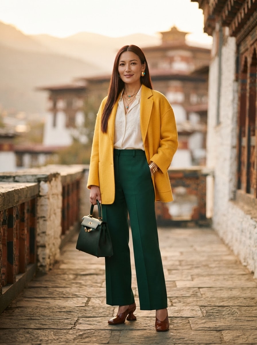 SKIPIKS AIファッション写真 — elegant, chic — 鮮やかな黄色のコートが目を引くエレガントな秋のルックです。白いブラウスと緑のパンツが調和し、洗練されたカラーブロッキングを完成させます。デイリーにぴったりで、特