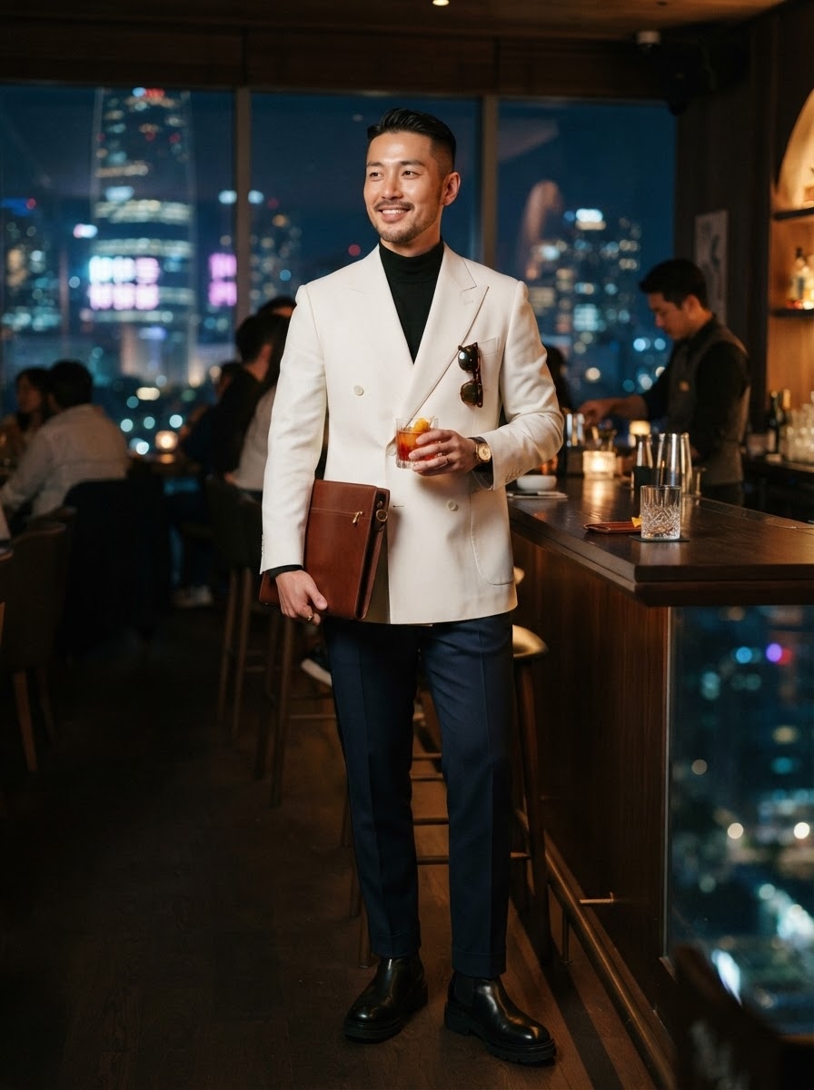 SKIPIKS AIファッション写真 — formal, chic, sophisticated — 洗練されたアイボリーのダブルブレストブレザーとブラックタートルネックの組み合わせが男性的な魅力を引き立てるルックです。スリムなネイビーのスラックスとブラックチェ