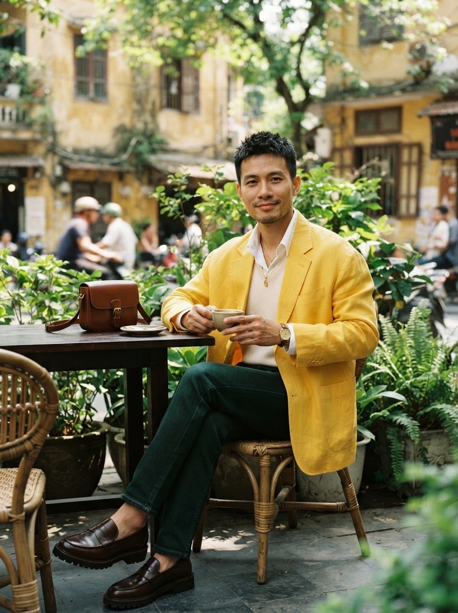 SKIPIKS AI fashion editorial — sophisticated, chic — This vibrant yellow blazer creates a visually striking urban men's look. The com
