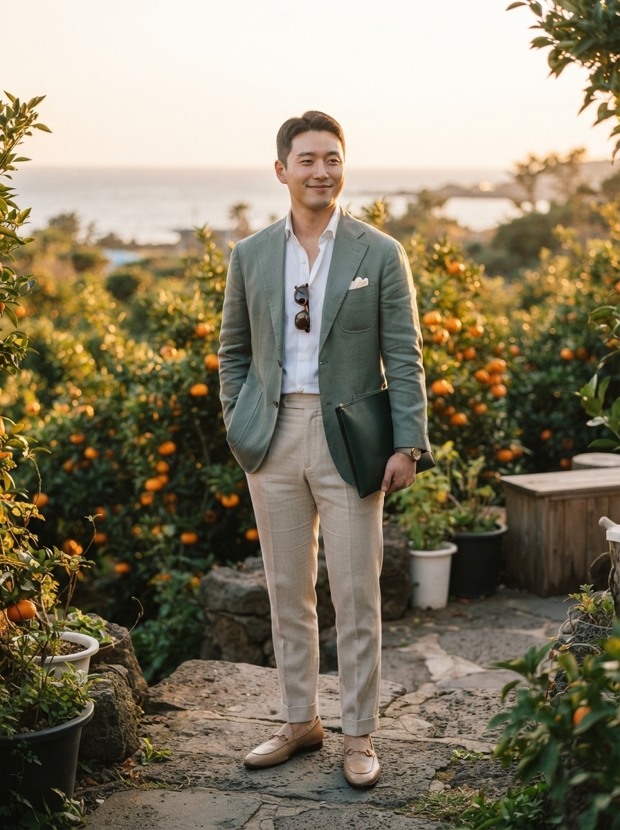 SKIPIKS AI 패션 화보 — business_casual, dapper — 카키 자켓과 베이지 슬랙스의 매치가 깔끔하면서도 세련된 무드를 자아내요. 클래식한 로퍼와 손목시계로 포인트를 주어 고급스러움을 더해보세요. 가벼