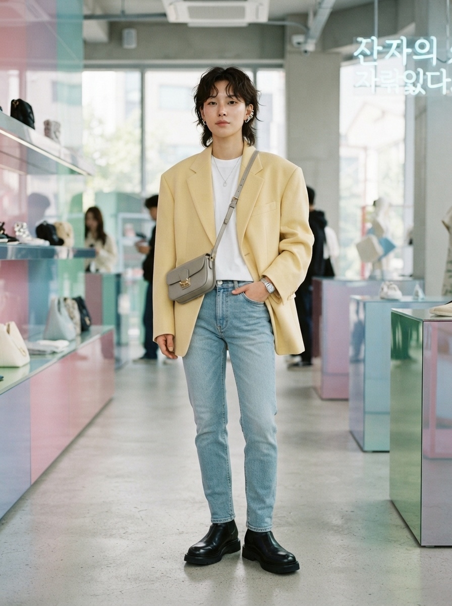 SKIPIKS AI 패션 화보 — minimalist, casual — 옐로우 블레이저와 화이트 티셔츠가 산뜻한 봄 기운을 느낌 있게 전해주는 룩입니다. 라이트 블루 청바지와 함께 매치해 캐주얼한 매력을 강조해보세요