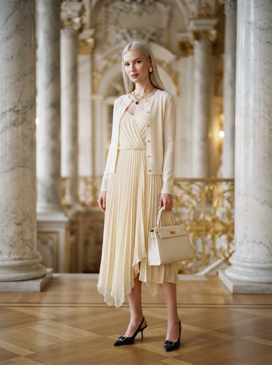 SKIPIKS AI fashion editorial — feminine, elegant — The luxurious style completed with an elegant pleated dress and a cardigan is im