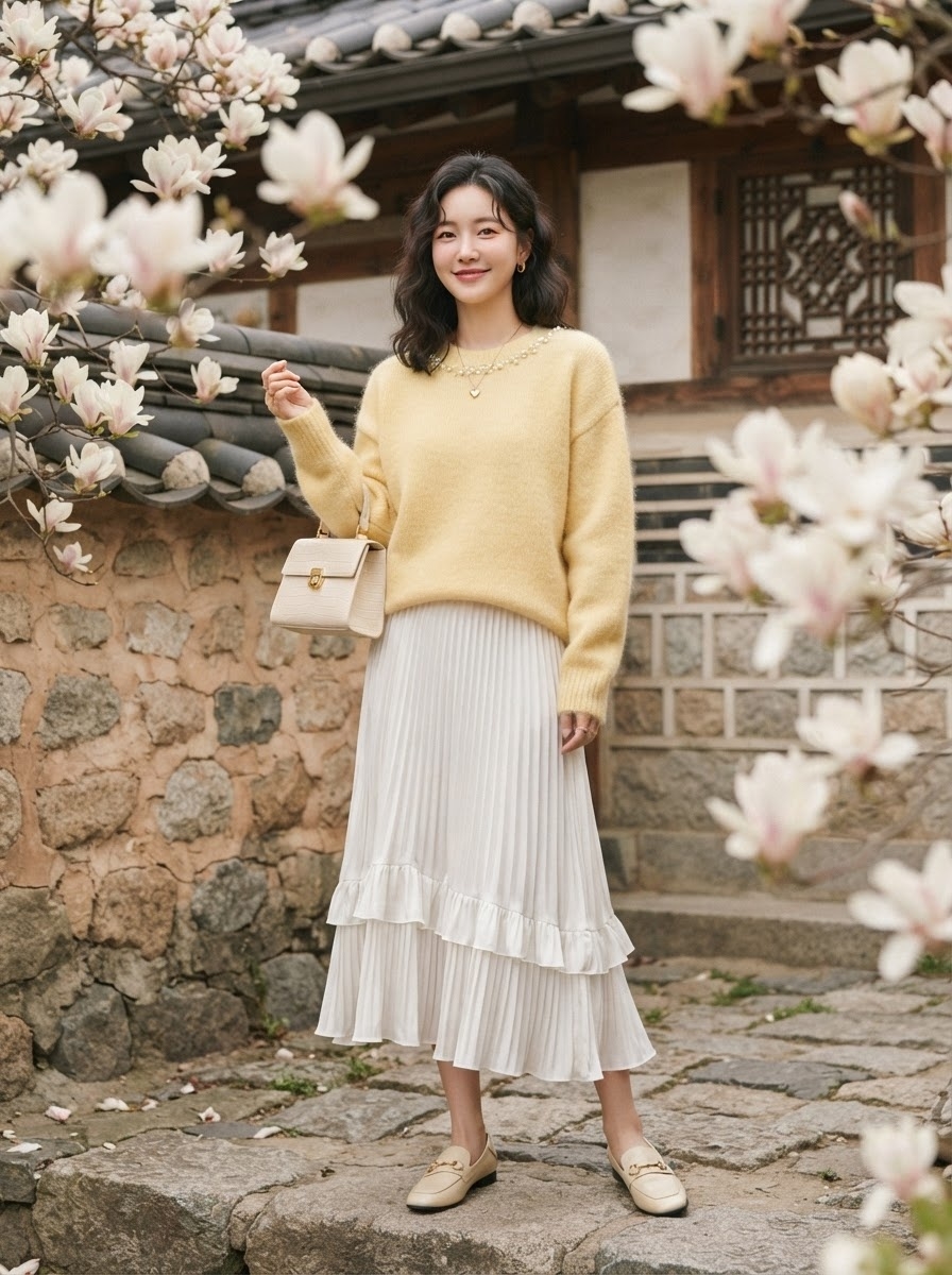 SKIPIKS AI时尚大片 — feminine, chic, romantic — 温暖的黄色针织毛衣与明亮的白色百褶裙相搭配，传达出春天的清新感。搭配干净的米色乐福鞋和时尚手袋，打造出感性的日常造型。非常适合春季出游或轻松外出。