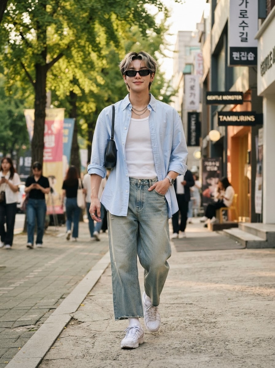 SKIPIKS AI fashion editorial — streetwear, minimalist, casual — This is a stylish casual look featuring relaxed jeans and a sky-blue shirt. Enha