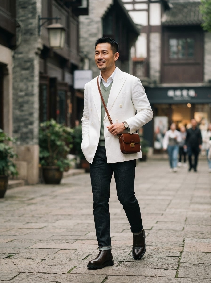 SKIPIKS AIファッション写真 — formal, casual — ホワイトジャケットとニットのレイヤリングが、都会的でありながらクリーンなムードを演出する素敵なコーディネートです。ジーンズとチェルシーブーツを合わせることで、カ