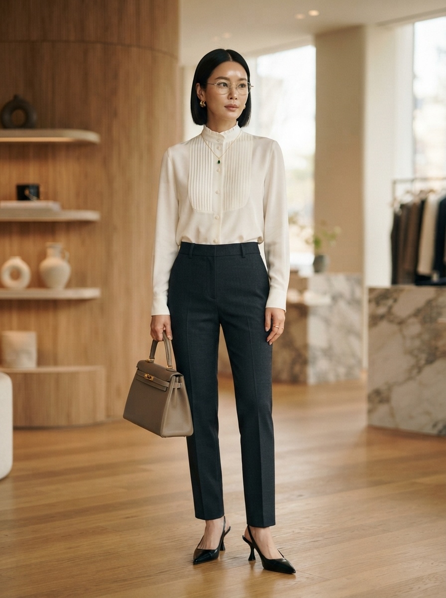 SKIPIKS AI 패션 화보 — classic, formal, minimalist — 화이트 블라우스와 네이비 슬랙스의 조합이 세련되면서도 우아한 분위기를 연출해요. 베이지 핸드백과 블랙 힐을 매치해 클래식한 무드를 더욱 돋보이게