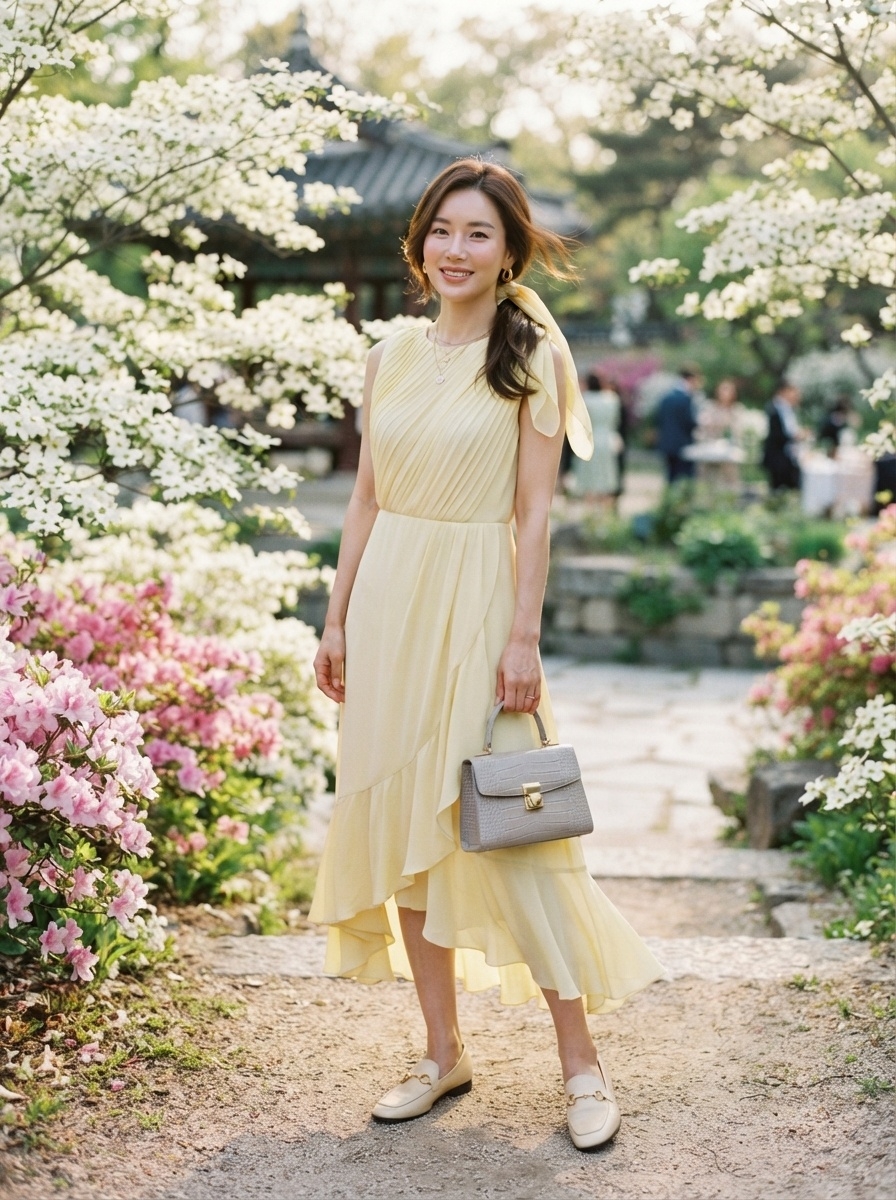 SKIPIKS AIファッション写真 — feminine, romantic — イエローカラーのドレスは春の華やかなムードを漂わせ、ロマンティックなシルエットを完成させます。グレーのハンドバッグとベージュのローファーを合わせて、落ち着いたエ