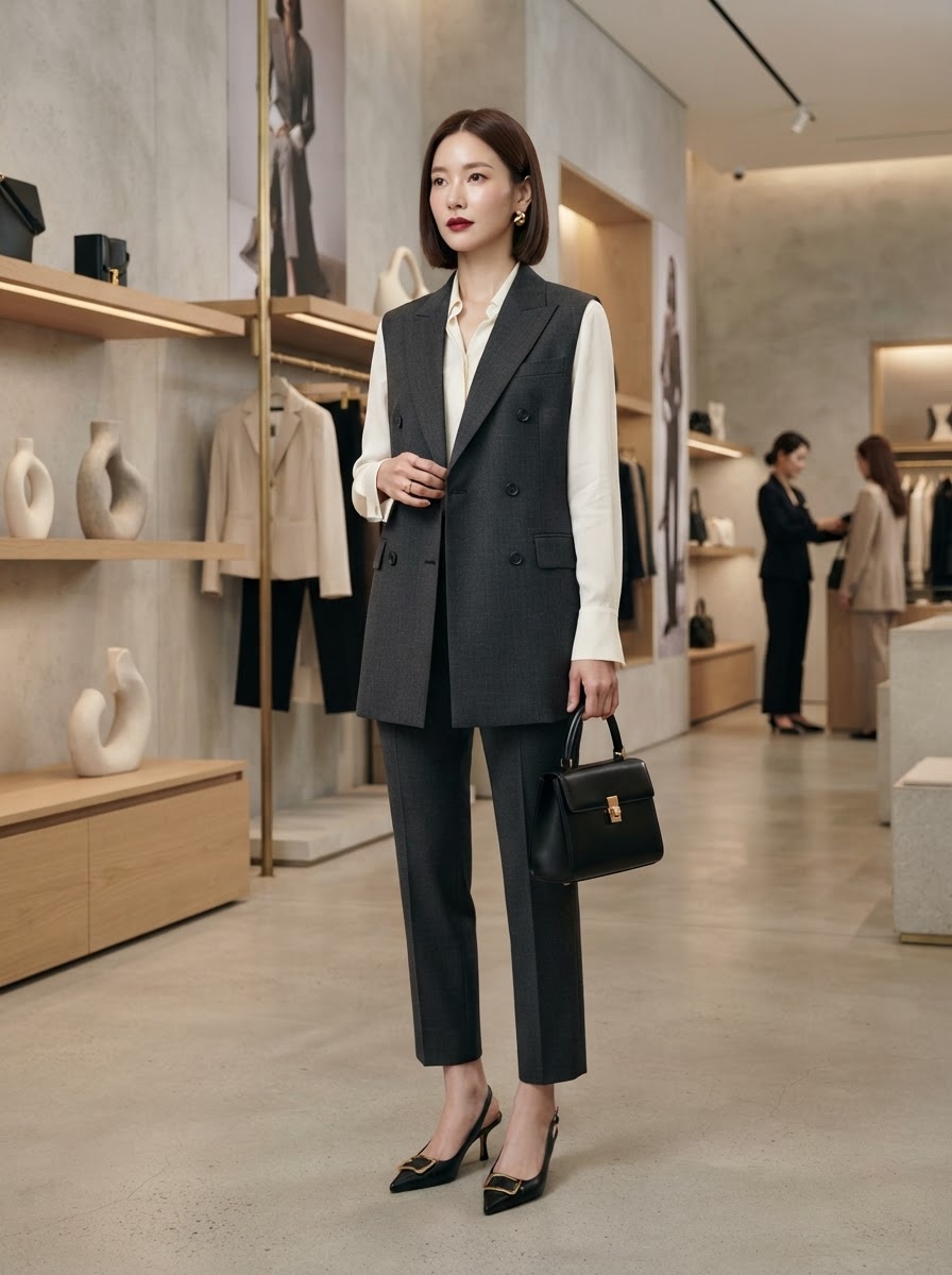 SKIPIKS AI时尚大片 — minimalist, chic — 灰色调的优雅背心与长裤的组合展现出迷人的轮廓。搭配白衬衫，推荐干净又时尚的造型。这种搭配在办公室或会议中也非常合适。