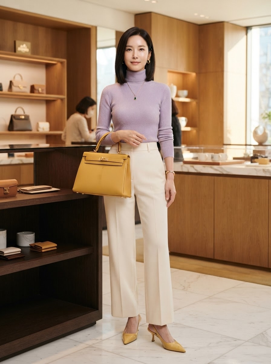 SKIPIKS AI fashion editorial — minimalist, feminine — The lavender knit offers a soft touch, harmonizing elegantly with ivory pants. T