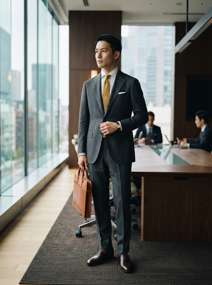SKIPIKS AI 패션 화보 — formal, business — 회색 수트와 노란색 넥타이로 클래식하면서도 세련된 분위기를 연출해보세요. 갈색 브리프케이스와 매치하면 고급스러운 무드가 완성됩니다. 오피스 룩으