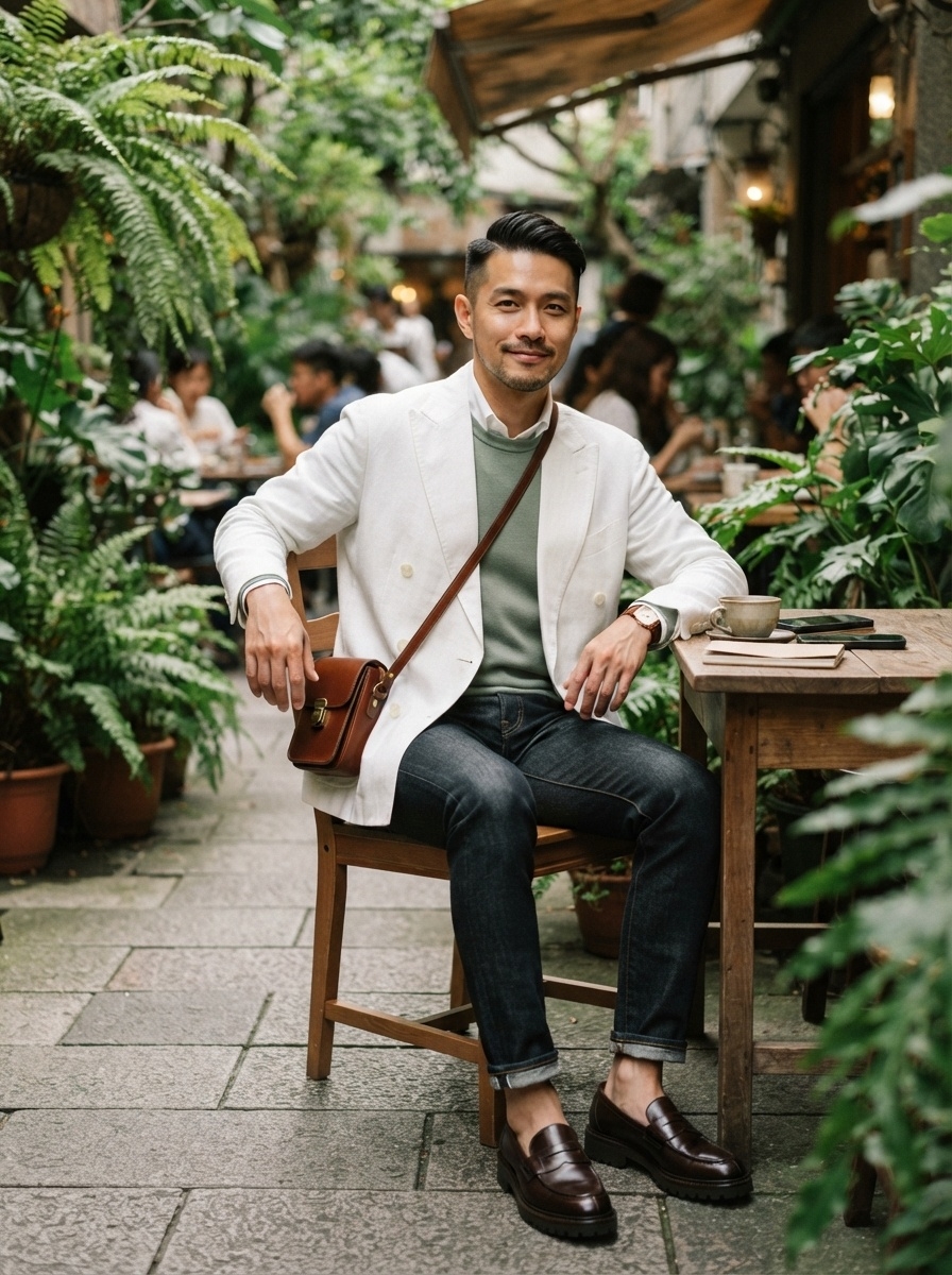 SKIPIKS AI时尚大片 — smart_casual, elegant — 用干净的白色西装外套和自然的绿色毛衣营造出优雅的氛围。搭配整洁的牛仔裤和棕色乐福鞋，打造出高档的休闲造型。推荐用于咖啡馆或轻松的商务会议。