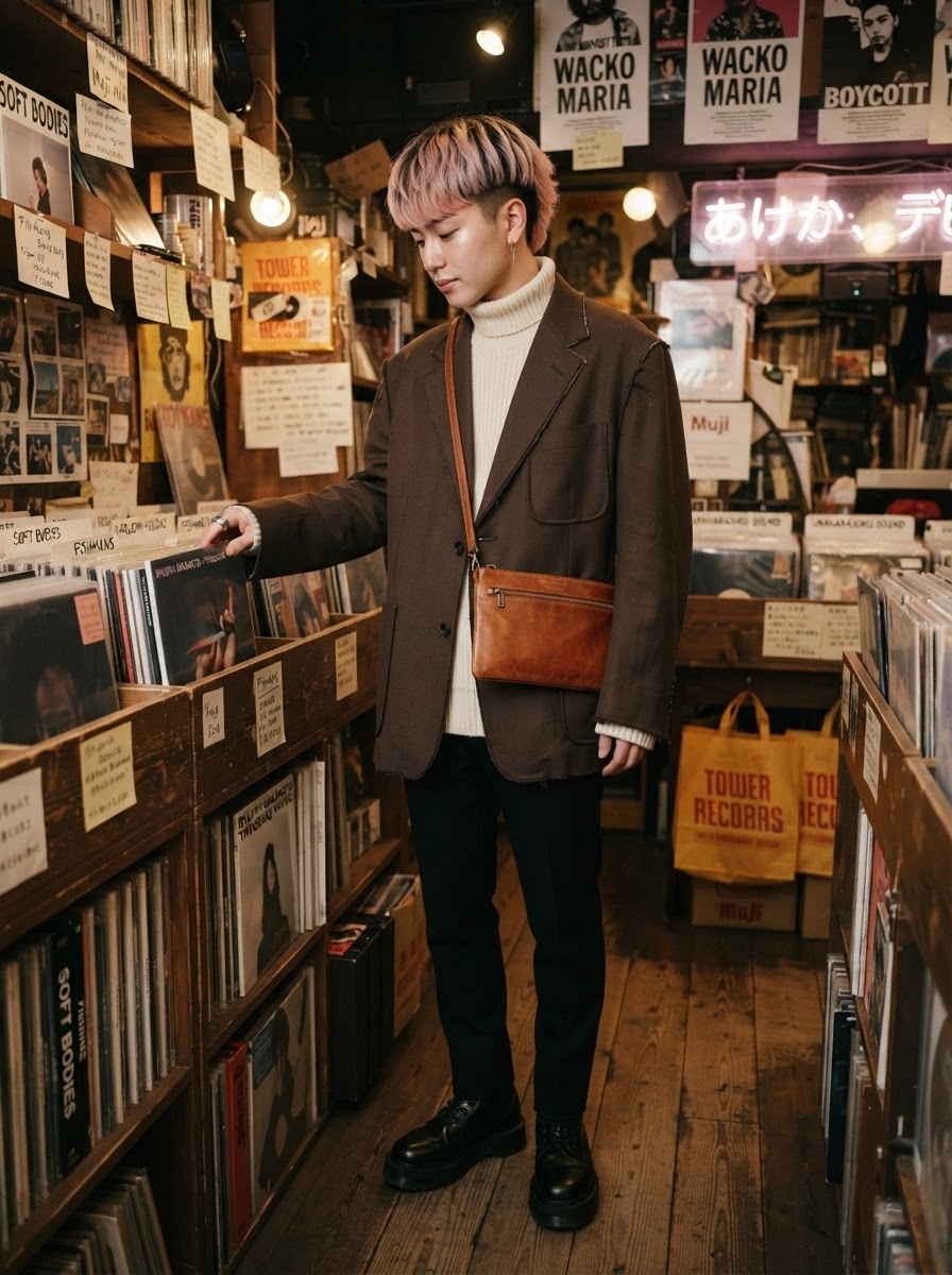 SKIPIKS AIファッション写真 — vintage, modern — ヴィンテージブラウンのジャケットとアイボリートンネックの組み合わせが洗練された冬のムードを演出します。このルックはベーシックなブラックスラックスとローファーでク