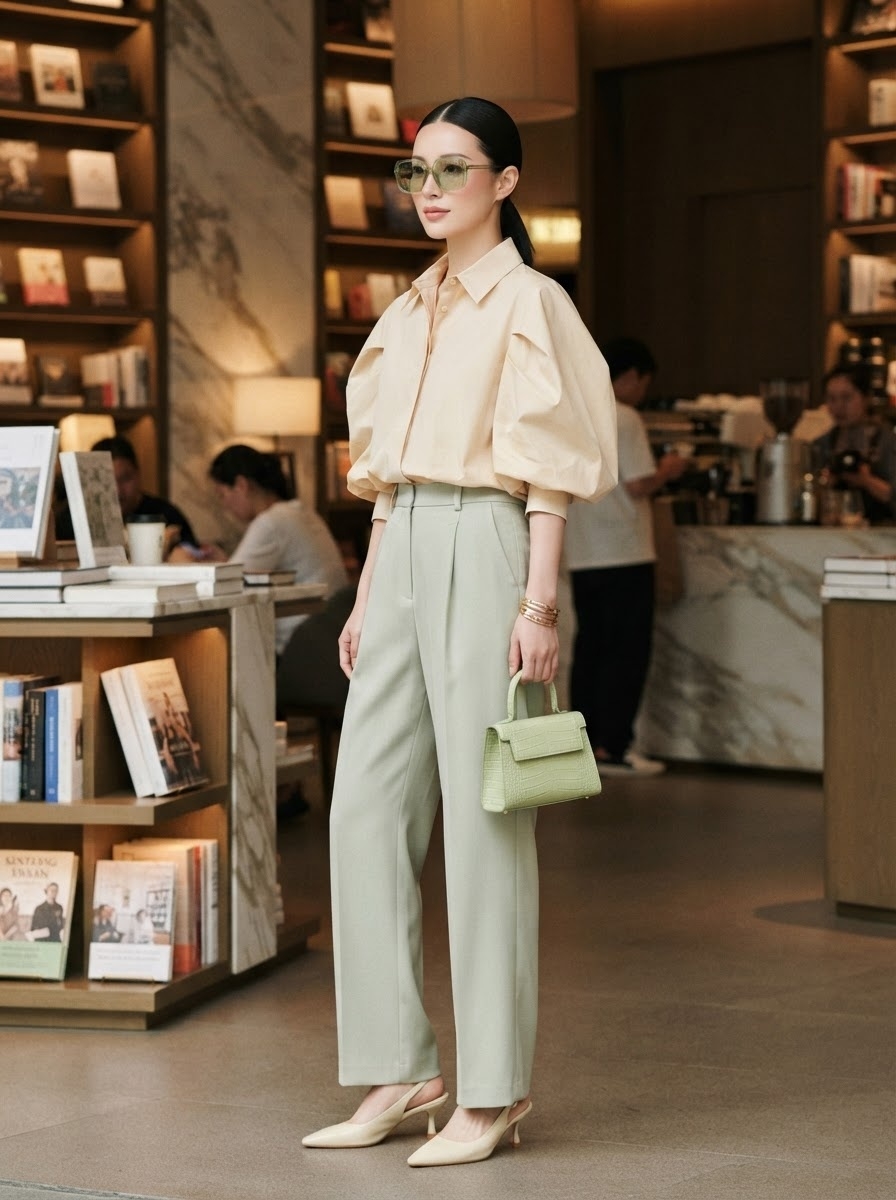 SKIPIKS AI 패션 화보 — minimalist, chic — 베이지 톤의 블라우스와 연그린 팬츠가 조화를 이루며 부드러운 색감과 여성스러운 실루엣을 완성해요. 크림색 힐과 라이트 그린 백으로 산뜻한 포인트