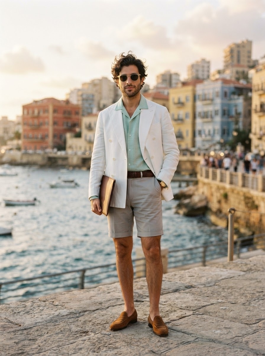 SKIPIKS AIファッション写真 — sophisticated, resort — ホワイトのダブルボタンジャケットとミントシャツで、ラグジュアリーな夏のリゾート感を演出しましょう。ブラウンのローファーとベージュのショートパンツがカジュアルな魅
