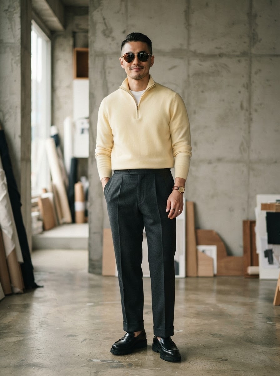 SKIPIKS AI fashion editorial — classic, minimalist, smartcasual — The combination of an ivory sweater and charcoal slacks exudes elegance and soph
