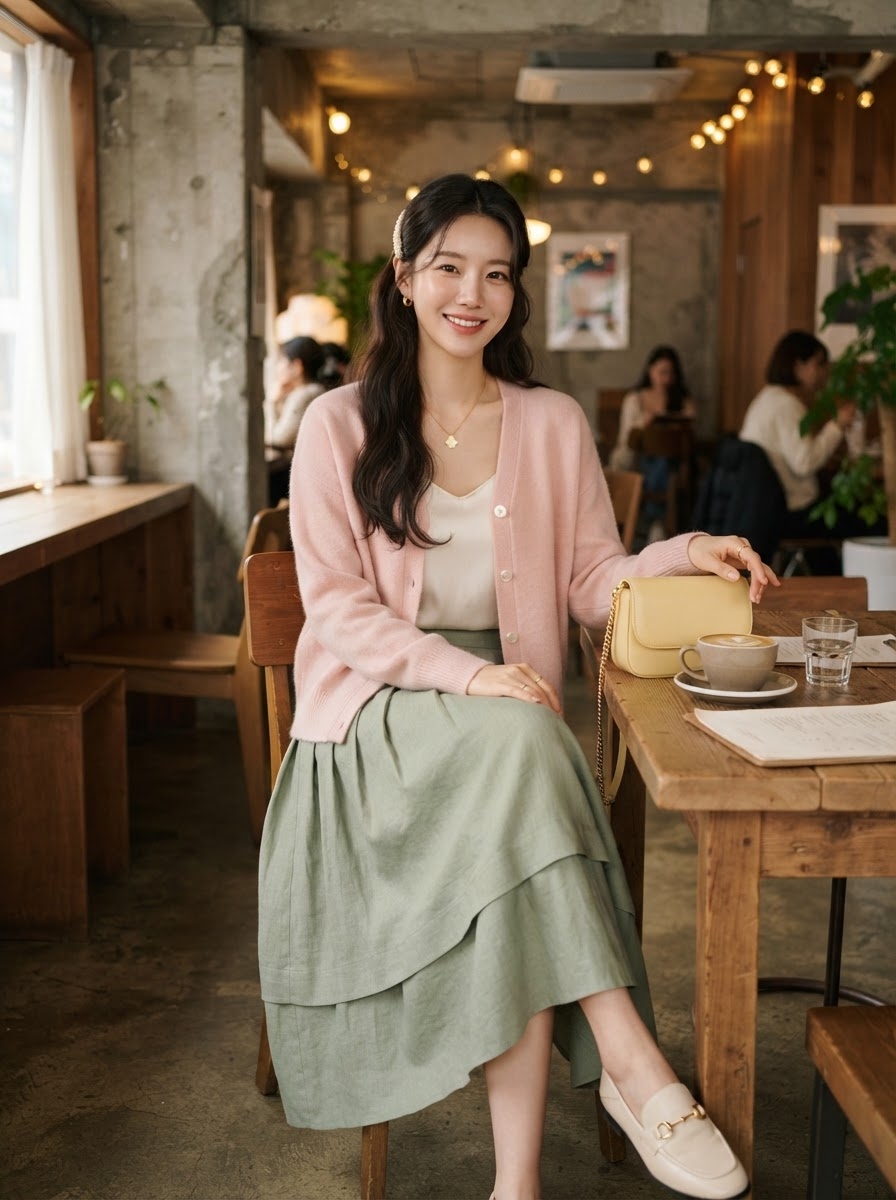 SKIPIKS AI fashion editorial — feminine, romantic, casual — Create a lovely spring vibe with a pastel cardigan and skirt. Pair it with a sim