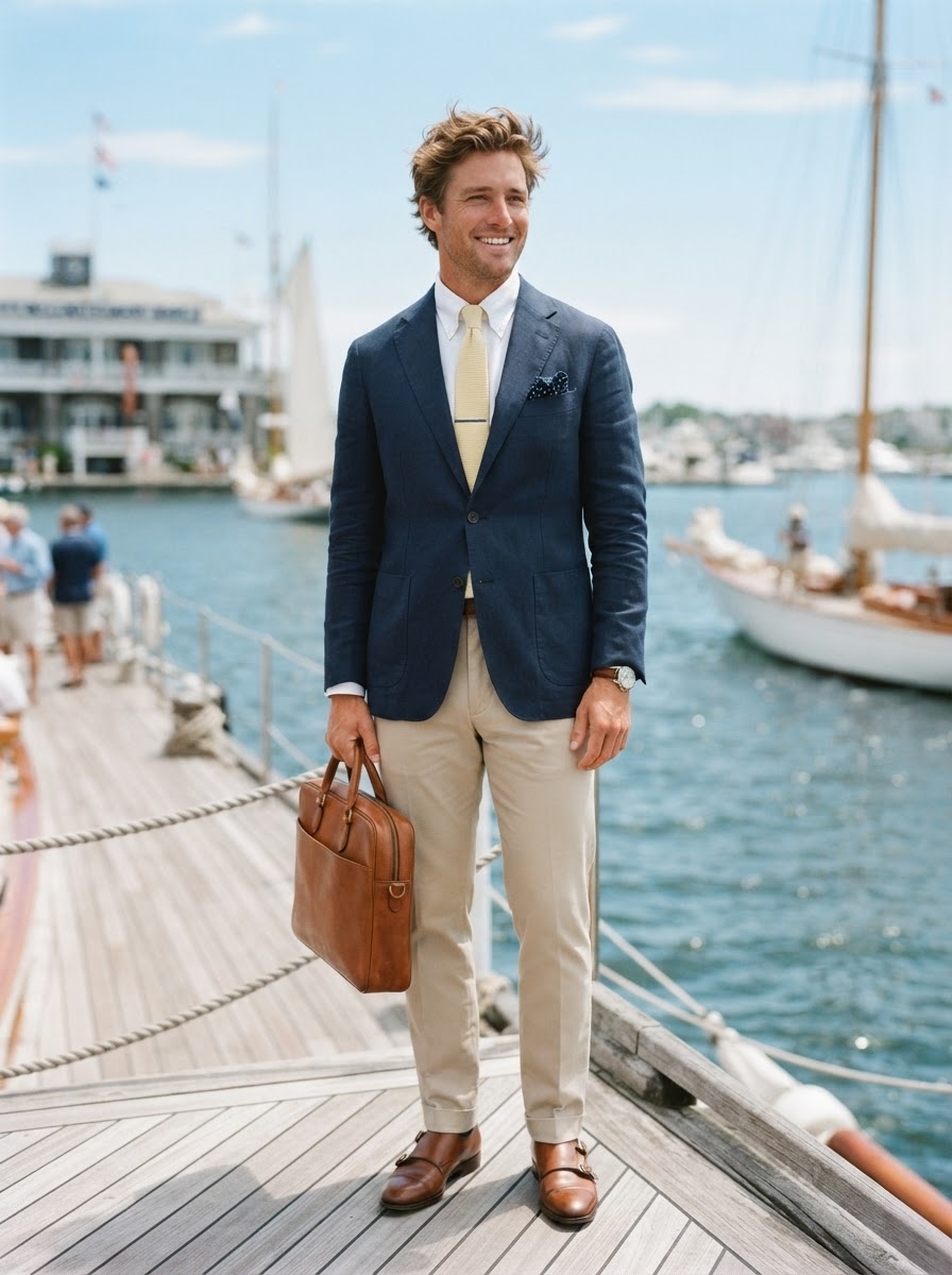 SKIPIKS AI时尚大片 — preppy, classic, smart — 这套搭配由海军蓝西装外套和米色休闲裤组成，散发出优雅经典的氛围。用黄色领带增添亮点，再用棕色调的配饰增添分量。非常适合从夏季日常到商务场合的多种场合。