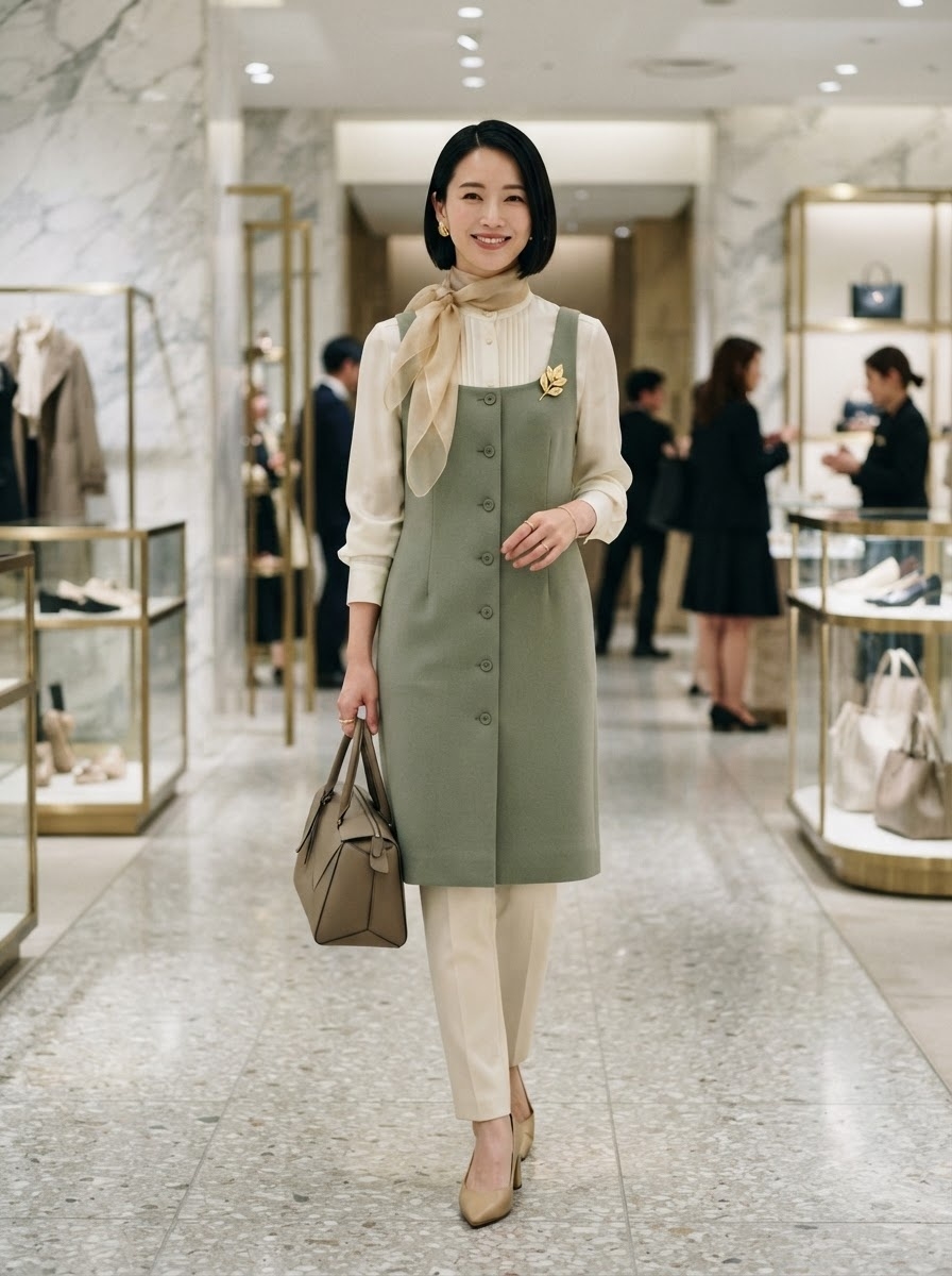 SKIPIKS AI fashion editorial — elegant, minimalist, office — Create a soft yet sophisticated look with a sage green dress and cream blouse. P