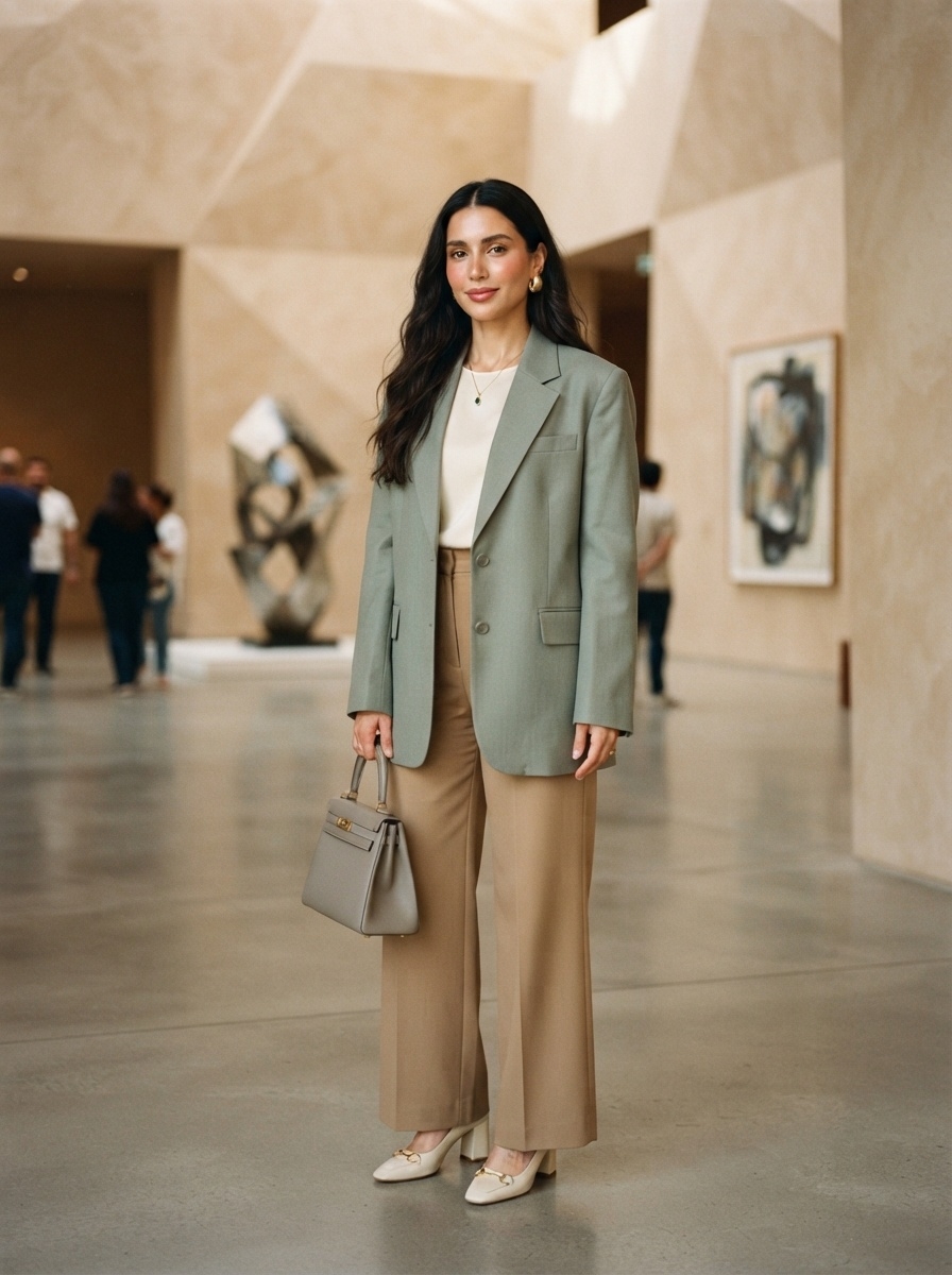SKIPIKS AIファッション写真 — business, minimalist, chic — ミントカラーのジャケットとベージュのパンツで洗練されたオフィスルックを完成させましょう。クリームのブラウスで柔らかさを加え、ゴールドのアクセサリーでスタイルを引