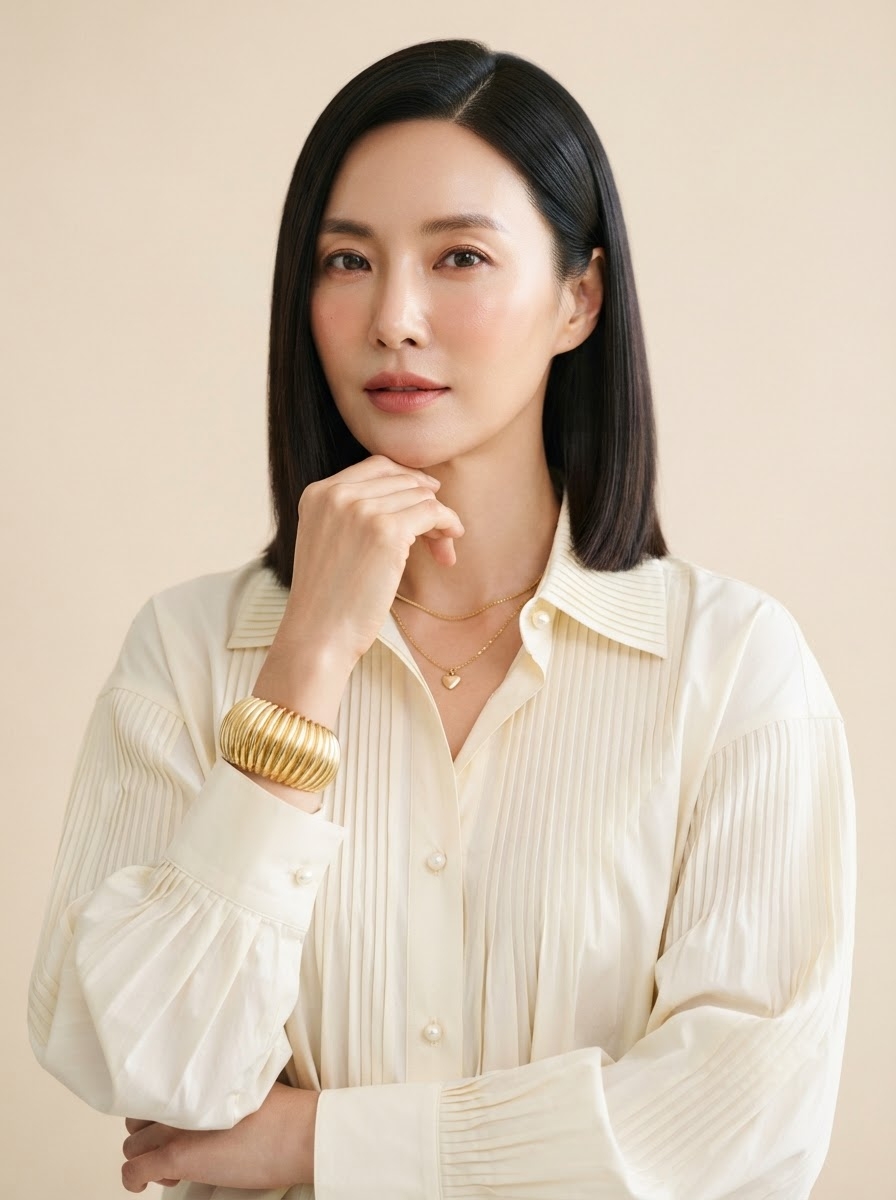 SKIPIKS AI时尚大片 — feminine, elegant — 这是一款优雅的现代造型，搭配了象牙色衬衫和金色配饰。金色项链和手链增添了精致感，干净的妆容则成为亮点。适合办公室穿着或重要场合，尤其推荐在春季穿搭。