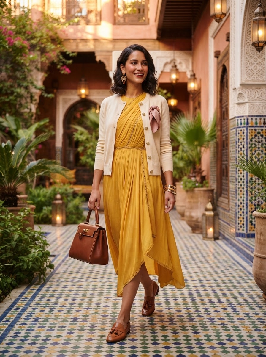 SKIPIKS AI fashion editorial — bohemian, romantic, feminine — The soft and feminine yellow dress creates a warm and lovely overall mood. Pair 