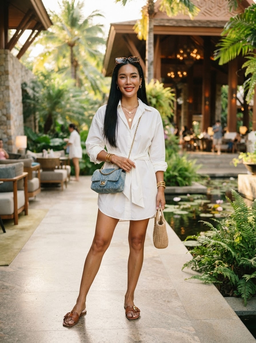 SKIPIKS AI时尚大片 — minimalist, casual, chic — 白色衬衫裙展现了夏季清新的气息。搭配金色配饰和藤编手袋，更显优雅风格。它也非常适合海滩造型，是夏季日常单品的理想选择。