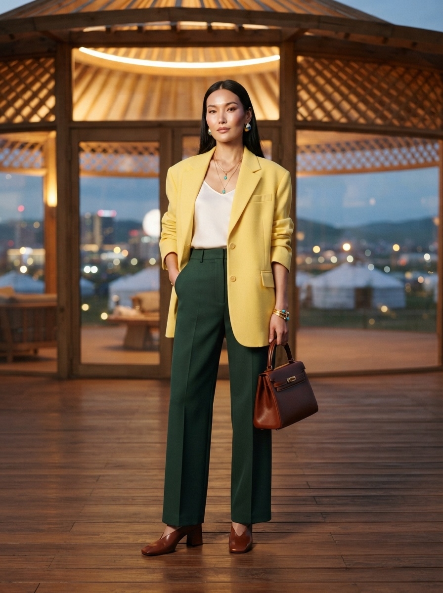 SKIPIKS AI 패션 화보 — chic, sophisticated — 화려한 노란 블레이저와 초록 슬랙스가 조화로운 시크룩을 완성합니다. 흰색 블라우스와 갈색 구두, 핸드백으로 클래식함을 더해보세요. 오피스나 격식