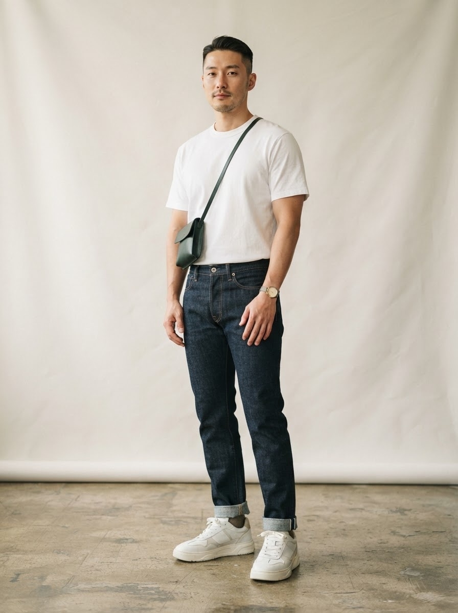 SKIPIKS AI时尚大片 — minimalist, casual — 白色T恤和深蓝色牛仔裤打造出干净的休闲造型。通过搭配时尚的包包和手表来提升你的风格。推荐作为春季日常穿搭，搭配舒适的运动鞋效果更佳。