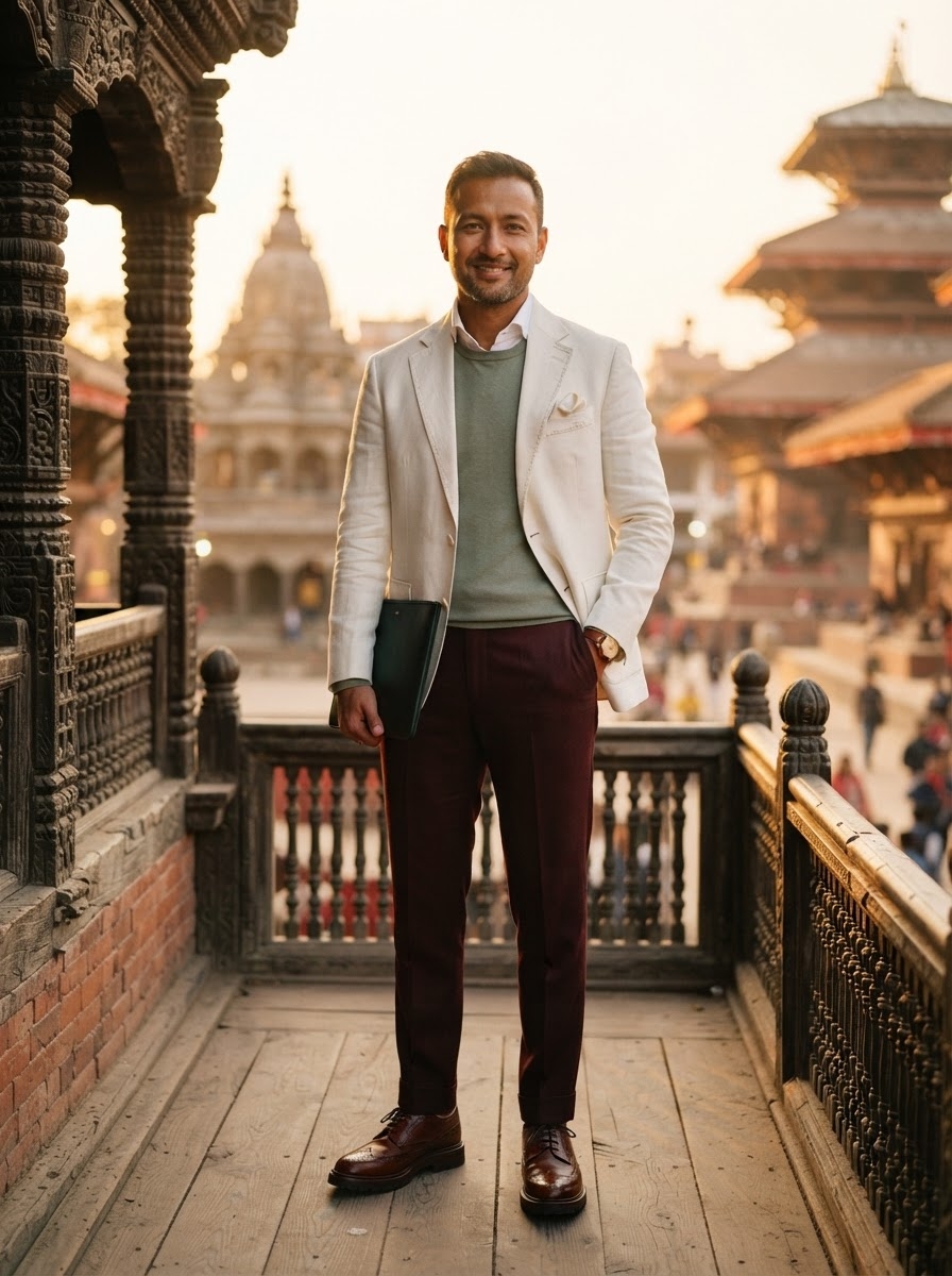 SKIPIKS AI 패션 화보 — smart_casual, elegant, classic — 화이트 재킷과 그린 스웨터의 조화가 멋스러운 포멀룩을 연출해보세요. 버건디 팬츠와 브라운 로퍼가 우아하면서도 고급스러운 느낌을 더해줍니다. 오피