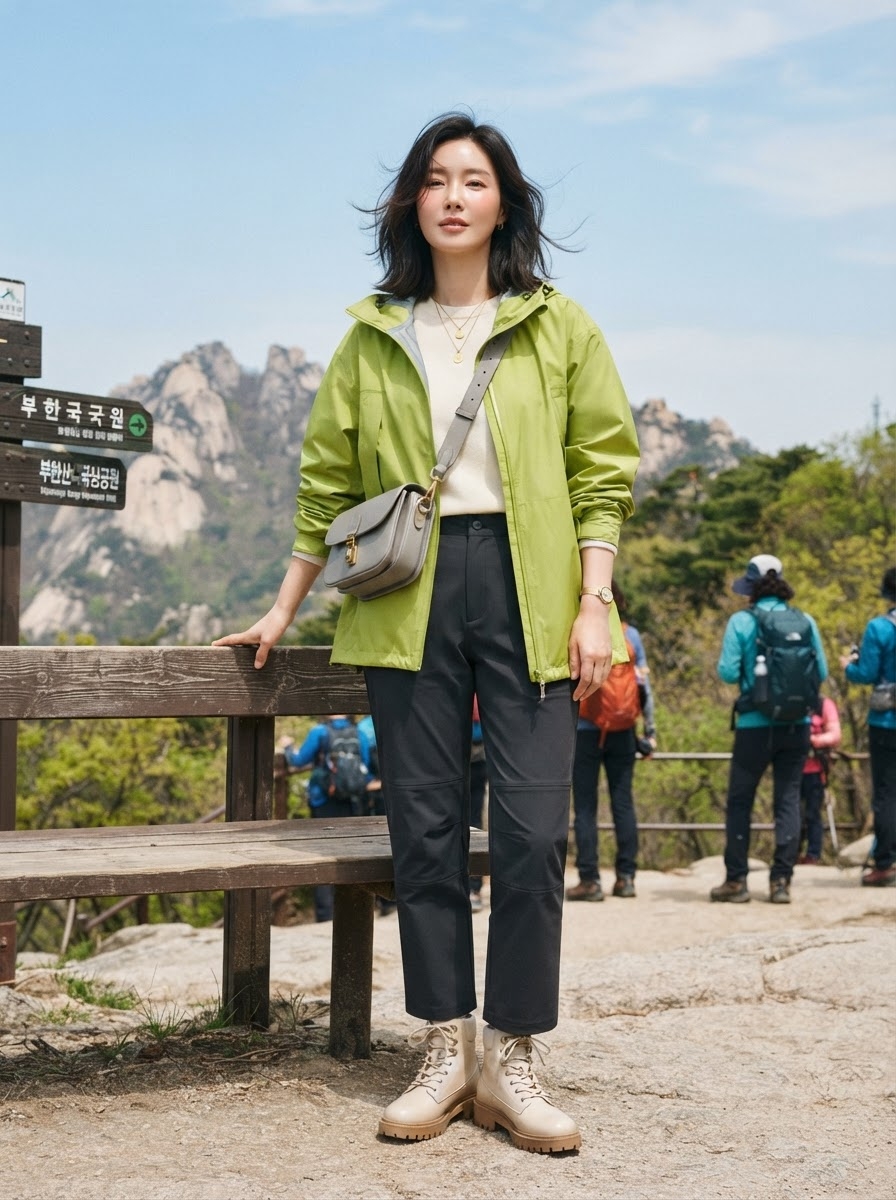 SKIPIKS AI fashion editorial — outdoor, casual, functional — The combination of a light green windbreaker and ivory knit creates a fresh hiki