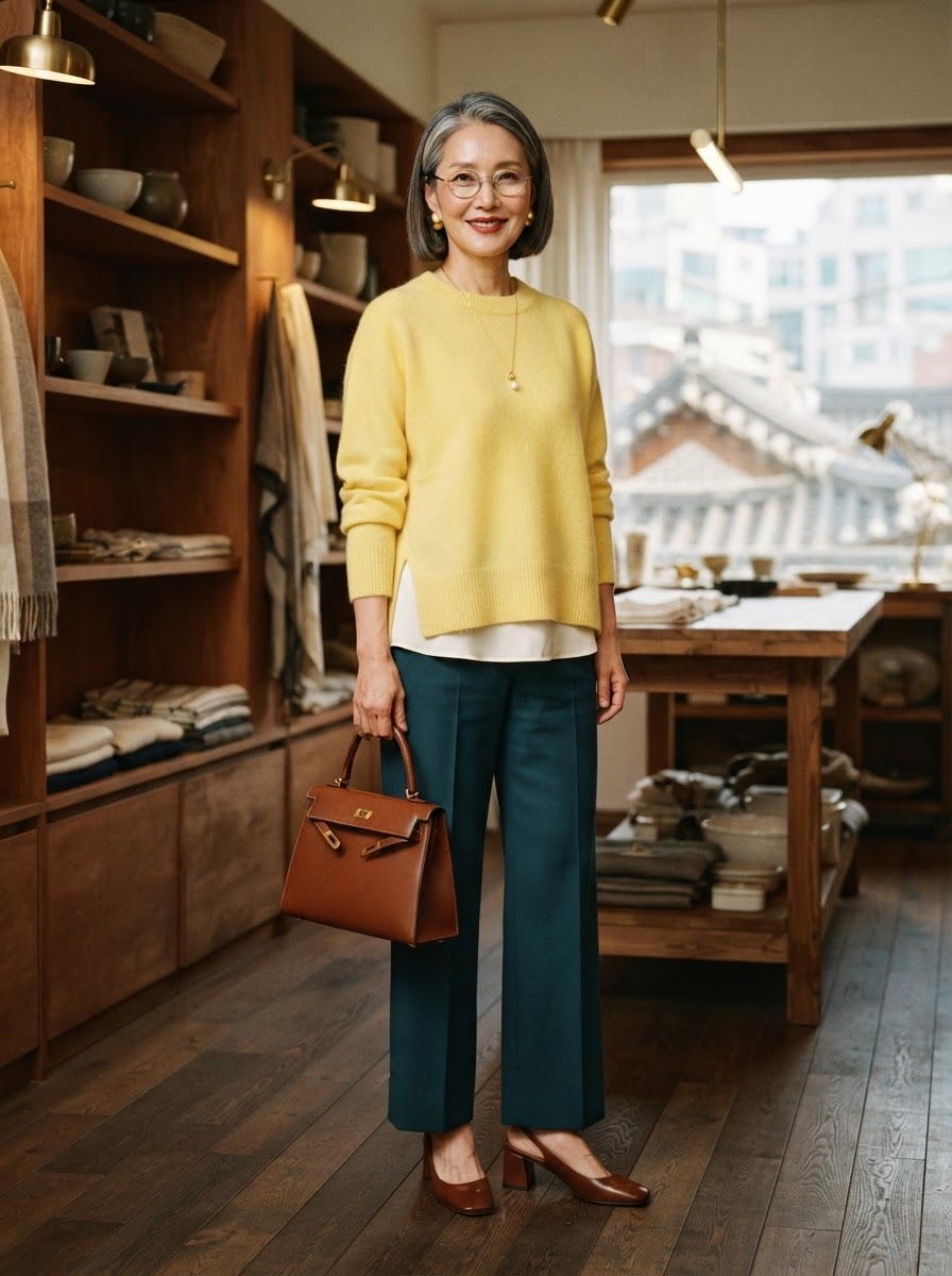 SKIPIKS AIファッション写真 — elegant, sophisticated — 明るい黄色のニットセーターの温かみと洗練されたティールのスラックスの組み合わせが際立っています。クラシックなブラウンバッグとパンプスを合わせてエレガントな雰囲気