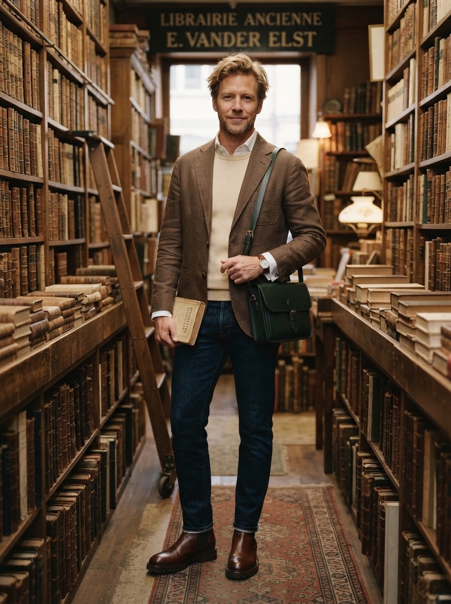 SKIPIKS AIファッション写真 — classic, smartcasual — 落ち着いたブラウントーンのジャケットとクリーム色のセーターが組み合わさり、クラシックで知的なムードを醸し出します。ジーンズでカジュアルな雰囲気を加え、ブラウンの