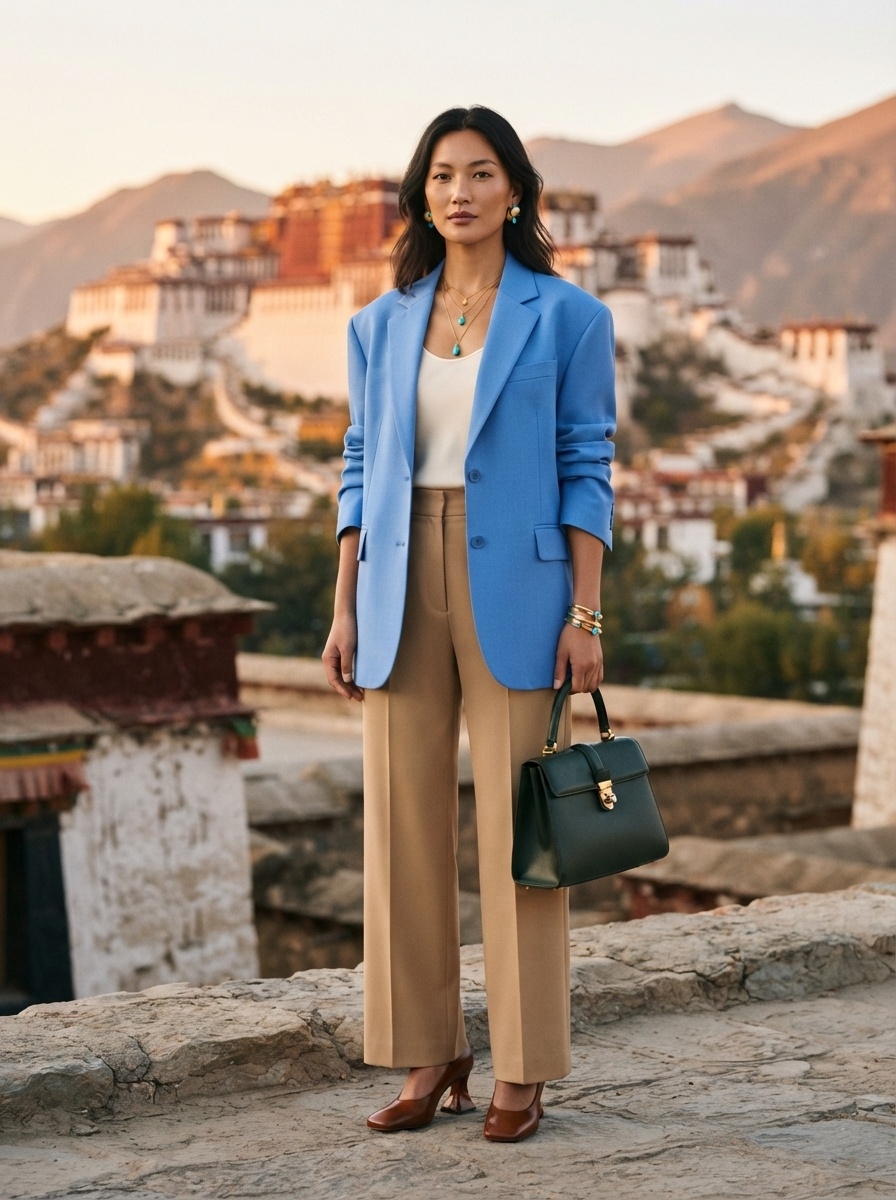 SKIPIKS AIファッション写真 — chic, sophisticated — 青いブレザーとベージュのパンツを組み合わせて洗練されたムードを演出しましょう。メタリックアクセサリーと緑のハンドバッグでポイントを加え、モダンなスタイルを完成さ