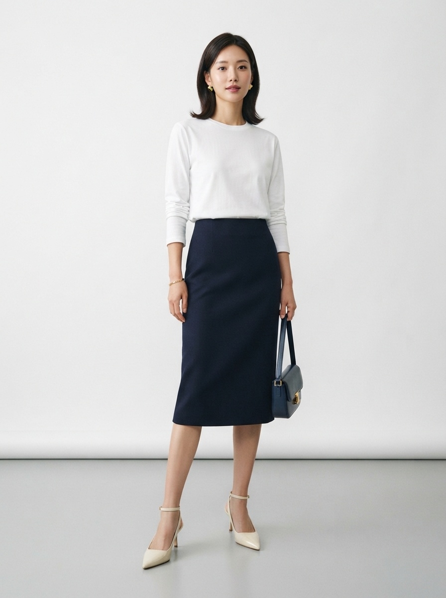 SKIPIKS AI fashion editorial — minimalist, feminine, chic — A minimal style that highlights sophisticated femininity, the harmony of a navy 