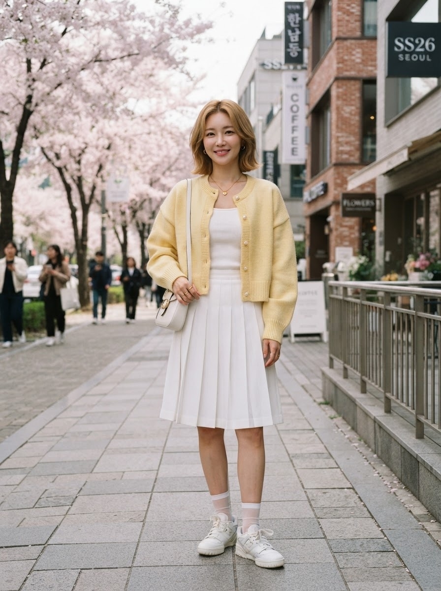SKIPIKS AIファッション写真 — feminine, minimalist — 柔らかな黄色と白の組み合わせが春の日の爽やかさを引き立てるルックです。涼しげなノースリーブトップスにプリーツスカートを合わせて、エレガントなシルエットを強調しま