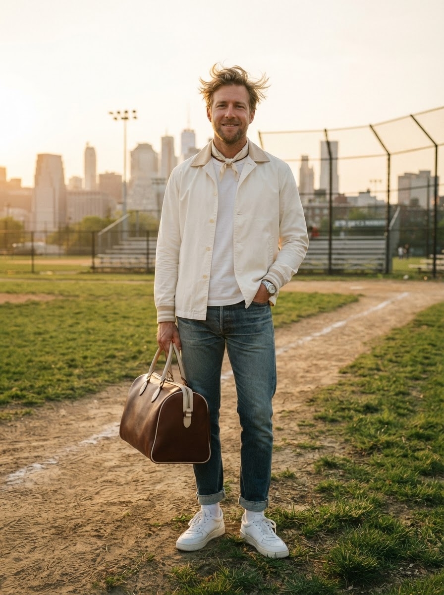 SKIPIKS AI时尚大片 — casual, classic, dapper — 象牙色夹克与白衬衫的搭配带来干净而优雅的春季氛围。搭配牛仔裤和白色运动鞋，营造出休闲而又整洁的感觉。再加上一个棕色包包，为整体风格增添沉稳的点缀，完美适合周末出