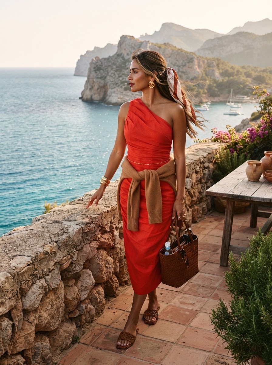 SKIPIKS AI fashion editorial — vacation, chic — The cool red one-shoulder dress perfectly matches the relaxed beach vibe. Add a 
