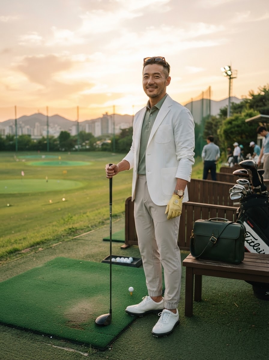 SKIPIKS AI 패션 화보 — preppy, smartcasual, sporty — 이 룩은 세련된 감각의 골프장을 연상시키는 무드로, 클래식한 블레이저와 편안한 폴로 셔츠의 조화가 돋보입니다. 베이지 팬츠와 화이트 골프화는 깨
