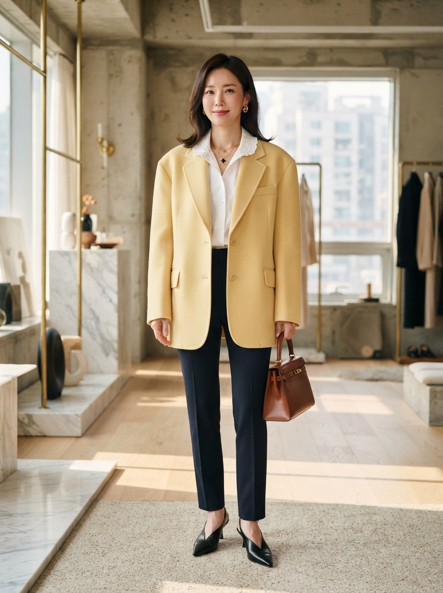 SKIPIKS AI fashion editorial — classic, chic, modern — This is a clean and sophisticated office look completed with a yellow blazer and